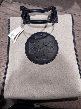 Tory Burch Cream Canvas Tote with Navy Leather Logo